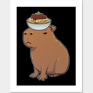 Capybara with Spaghetti and Meatballs on its head Posters and Art